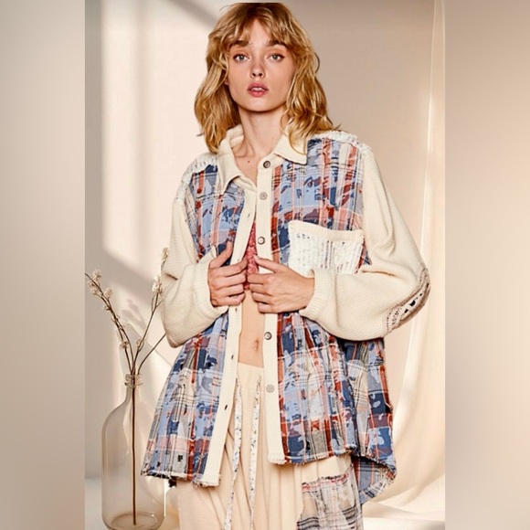 POL Plaid Crochet Patch Shacket Oversized Shirt Jacket | Cream Multi - Picture 4 of 8